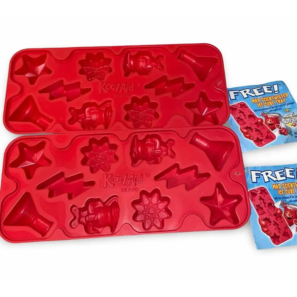 Kool-Aid Man Mad Scientwisted Red Plastic Ice Cube Tray Science Lab Shapes Lot 2